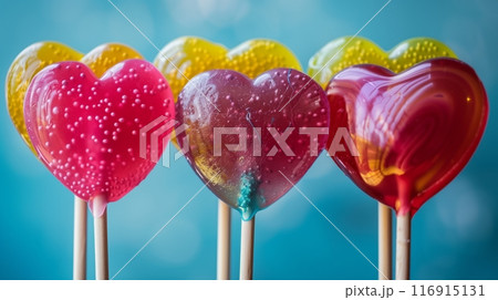 Colorful heart-shaped lollipops for Valentine's Day. 116915131