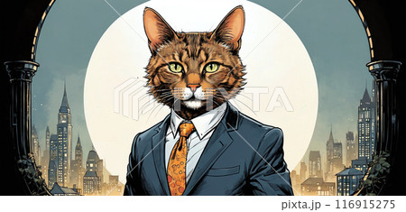 Illustrative depiction of an elegant cat in a fine business suit, radiating success, determination and self-confidence 116915275