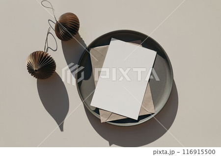 Christmas stationery mockup, ceramic plate. Blank greeting card, invitation template. Craft envelope, brown folded origami Christmas ornaments, balls in sunlight. Beige table background. Flat lay, top Christmas stationery mockup, ceramic plate. Blank greeting card, invitation template. Craft envelope, brown folded origami Christmas ornaments, balls in sunlight. Beige table background. Flat lay, top 116915500