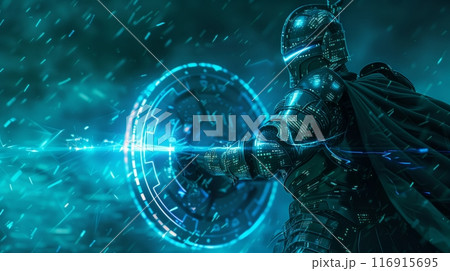 guardian in digital armor, holding a shield and sword made of advanced code and encryption patterns. 116915695