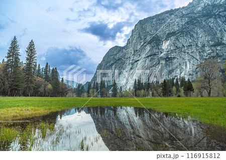 Mirror Lake full after snow melt in the spring, El Capitan reflections 116915812