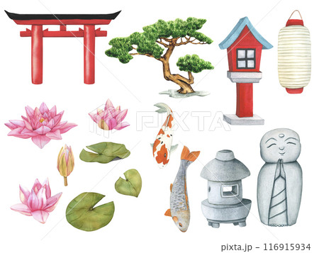 Large set with Koi Fish, Red Wooden Lantern, Pink Lotus, Bonsai tree of Pine, Stone Lantern and Paper Lantern. Hand drawn Watercolor illustration. Japanese architecture 116915934