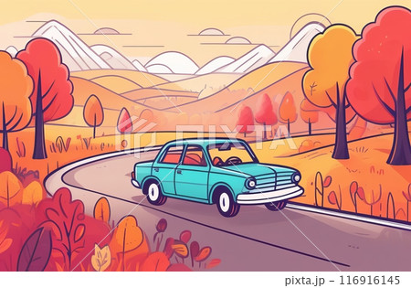 Scenic autumn drive with blue car on winding road through colorful forest. 116916145