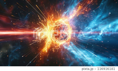 A brilliant surge of energy emits from the collision point signifying the immense power of the Higgs boson 116916181