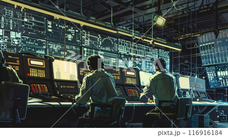 A bustling command center with technicians monitoring the various signals being transmitted and received through the neutrino communication network 116916184