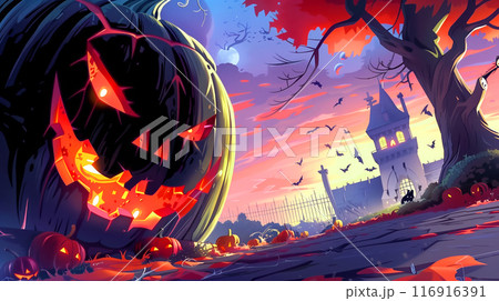 A giant glowing jack-o'-lantern, a haunted house, and bats flying in the twilight sky 116916391