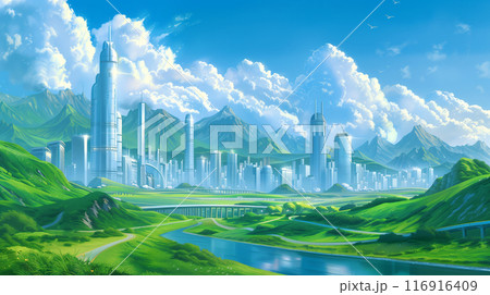 Futuristic cityscape with tall buildings against green hills and mountains under a bright blue sky Futuristic cityscape with tall buildings against green hills and mountains under a bright blue sky 116916409