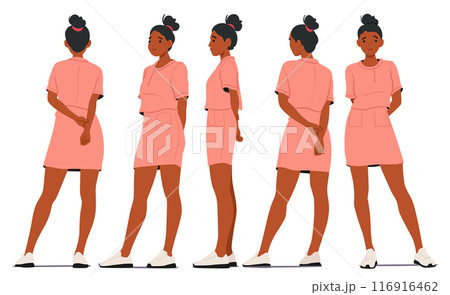 Young Black Woman Wearing A Pink Dress And White Sneakers Is Depicted From Multiple Angles, Including Front, Back, Side Young Black Woman Wearing A Pink Dress And White Sneakers Is Depicted From Multiple Angles, Including Front, Back, Side 116916462