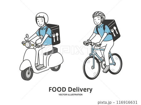 フードデリバリーの男性が乗るバイクと自転車 フードデリバリーの男性が乗るバイクと自転車 116916631