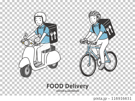 フードデリバリーの男性が乗るバイクと自転車 フードデリバリーの男性が乗るバイクと自転車 116916631