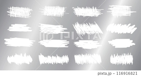 Scraped textures on silver scratchcard surface. Collection of scraping effects on scratch card, game ticket, lotto or sale coupon isolated on metallic background. Vector illustration Scraped textures on silver scratchcard surface. Collection of scraping effects on scratch card, game ticket, lotto or sale coupon isolated on metallic background. Vector illustration 116916821