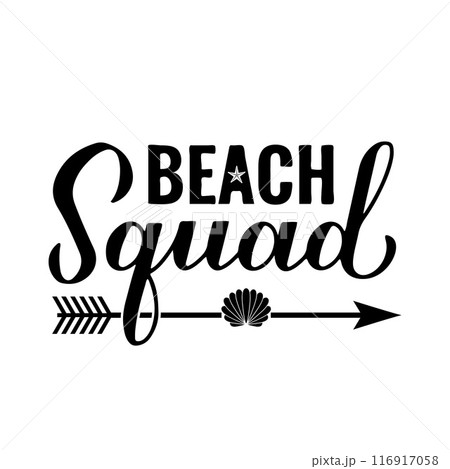 Beach squad calligraphy hand lettering. Funny summer quote. Vector template for typography poster, banner, sticker, flyer, shirt design, etc. 116917058