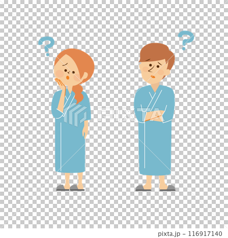 Health checkup: Cute illustration of a man and woman wearing examination clothes 116917140
