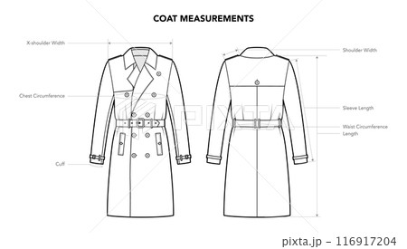 Set of Coat Measurement details - Length, Width Sleeves styles technical fashion illustration. Flat apparel template 116917204