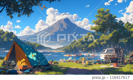 自然の中で過ごす夏のキャンプ | 湖畔と山の絶景 116917617