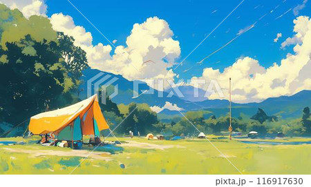 青空と山に囲まれた鮮やかな夏のキャンプ風景 青空と山に囲まれた鮮やかな夏のキャンプ風景 116917630