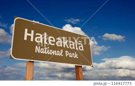 Haleakala National Park (Hawaii) Road Sign Against Blue Sky and Clouds. 116917773