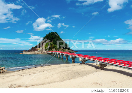 【山形県鶴岡市：由良海岸白山島】由良海岸のシンボル白山島は頂上に白山神社のある小さな島。 116918208