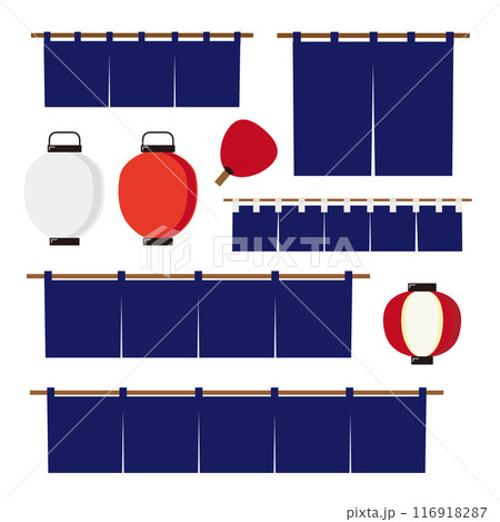 シンプルな和風の暖簾や提灯のセット 116918287