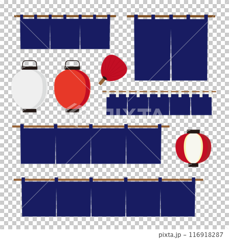 シンプルな和風の暖簾や提灯のセット 116918287