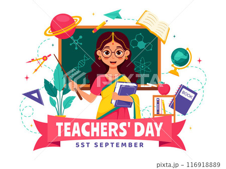 Happy Teachers Day in India Vector Illustration featuring Teacher Wearing Traditional Clothes and School Equipment in a Flat Cartoon Background Happy Teachers Day in India Vector Illustration featuring Teacher Wearing Traditional Clothes and School Equipment in a Flat Cartoon Background 116918889