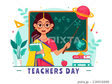 Happy Teachers Day in India Vector Illustration featuring Teacher Wearing Traditional Clothes and School Equipment in a Flat Cartoon Background 116918890