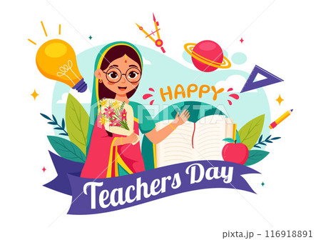 Happy Teachers Day in India Vector Illustration featuring Teacher Wearing Traditional Clothes and School Equipment in a Flat Cartoon Background 116918891