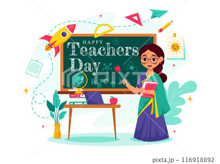 Happy Teachers Day in India Vector Illustration featuring Teacher Wearing Traditional Clothes and School Equipment in a Flat Cartoon Background 116918892