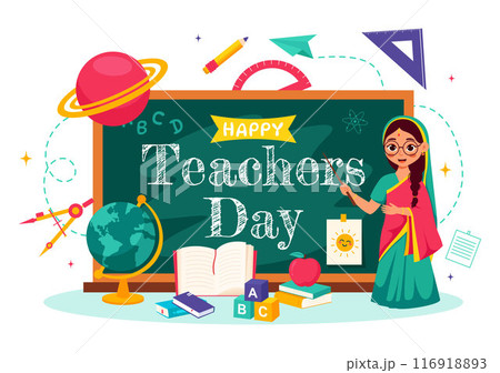 Happy Teachers Day in India Vector Illustration featuring Teacher Wearing Traditional Clothes and School Equipment in a Flat Cartoon Background Happy Teachers Day in India Vector Illustration featuring Teacher Wearing Traditional Clothes and School Equipment in a Flat Cartoon Background 116918893