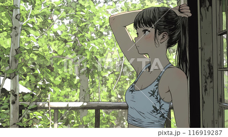 夏の夕暮れ、タンクトップの若い女性が一人ベランダで涼んでいる