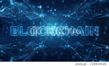 Text "Blockchain" with neon background. 116919326