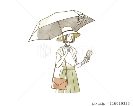 困った表情で日傘をさしている女性 116919336