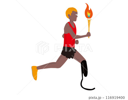 トーチを持って走る義足のランナー。 116919400