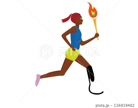 トーチを持って走る義足のランナー。 116919402
