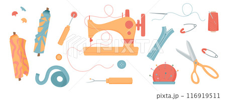 Set of sewing machine with fabric rolls, thread, needle, and zipper. Pin cushion, scissors, and buttons for tailoring. Cute illustration of craft tools for handmade sewing and embroidery projects. 116919511