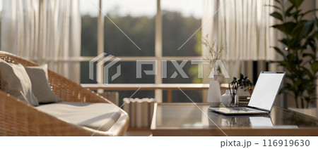 A laptop on a coffee table and a wicker sofa with pillows in a cozy Scandinavian living room. 116919630