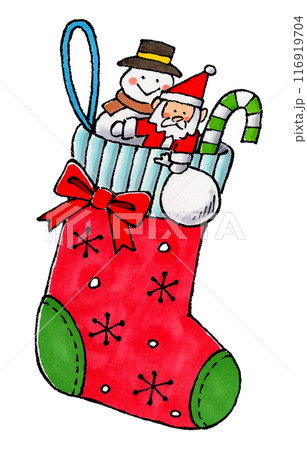 サンタと雪だるまの人形と靴下 サンタと雪だるまの人形と靴下 116919704