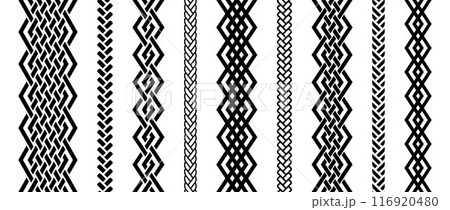 Seamless retro knot border set. Black repeating celtic divider or separator collection. Braid rope ornament motif pattern for banner, poster, frame. weaving design element bundle. Vector pack Seamless retro knot border set. Black repeating celtic divider or separator collection. Braid rope ornament motif pattern for banner, poster, frame. weaving design element bundle. Vector pack 116920480