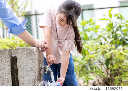 公園で水遊びをする小学生 116920754