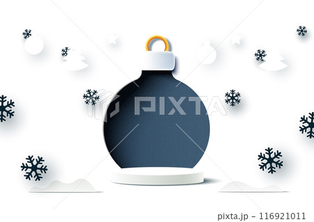 Abstract 3d white cylinder pedestal podium and paper cut christmas Ball background. Minimal winter scene for product display presentation. Vector illustration. Abstract 3d white cylinder pedestal podium and paper cut christmas Ball background. Minimal winter scene for product display presentation. Vector illustration. 116921011