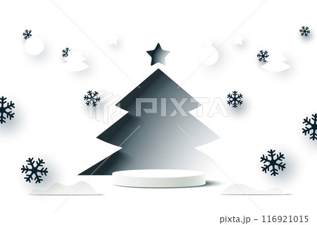 Abstract 3d white cylinder pedestal podium and paper cut christmas tree background. Minimal winter scene for product display presentation. Vector illustration. 116921015