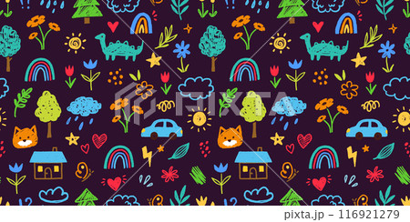 Cute kid flower, child element seamless pattern. Hand drawn doodle sketch children cute vector school chalk background. Kids doodle crayon style line flower, cloud doodle pattern. Vector 116921279