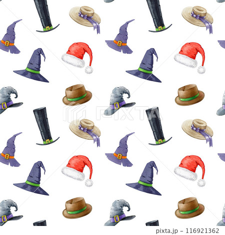 Various hat and cap painted seamless pattern. Vintage style illustration. Hand drawn different design old hat collection seamless pattern. White background 116921362