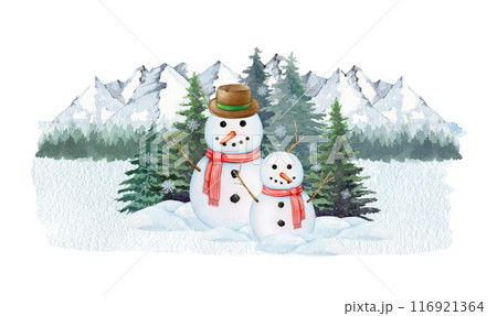 Funny snowman on snowy ground with fir trees. Painted vintage style illustration. Hand drawn snowman in winter forest scene. Traditional winter snow outdoor decoration. White background Funny snowman on snowy ground with fir trees. Painted vintage style illustration. Hand drawn snowman in winter forest scene. Traditional winter snow outdoor decoration. White background 116921364
