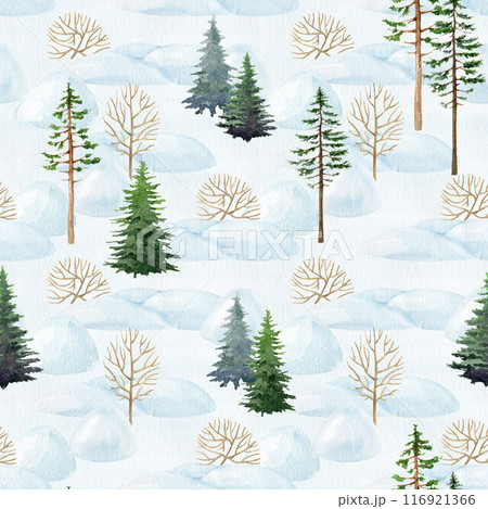 Winter forest landscape seamless pattern. Snow piles, bushes, fir tree, winter landscape on snowy background. Traditional vintage style gift wrap design. Hand painted watercolor digital paper element 116921366