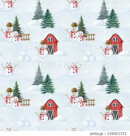 Winter time outdoors festive seamless pattern. Funny snowman on snowy ground with fir trees. Vintage style illustration. Winter season outdoors scene. Traditional winter season snow decor pattern Winter time outdoors festive seamless pattern. Funny snowman on snowy ground with fir trees. Vintage style illustration. Winter season outdoors scene. Traditional winter season snow decor pattern 116921372