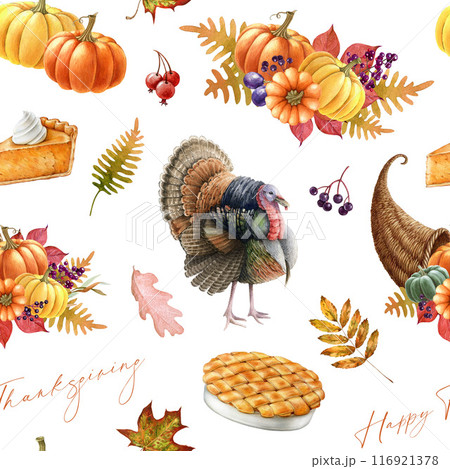 Thanksgiving decor elements bright seamless pattern. Watercolor vintage style illustration. Traditional Thanksgiving decoration, food, turkey bird, flowers in warm autumn colors seamless pattern Thanksgiving decor elements bright seamless pattern. Watercolor vintage style illustration. Traditional Thanksgiving decoration, food, turkey bird, flowers in warm autumn colors seamless pattern 116921378