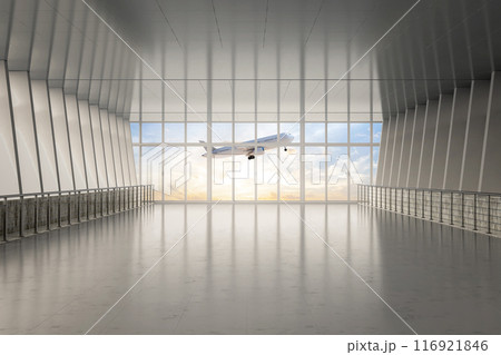 Empty airport walkway interior with window glasses 116921846