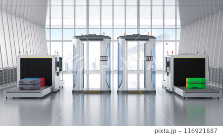Airport security checkpoint with security gates and scanner machine 116921887