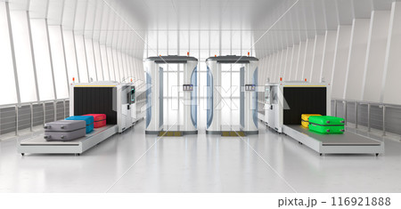 Airport security checkpoint with security gates and scanner machine Airport security checkpoint with security gates and scanner machine 116921888